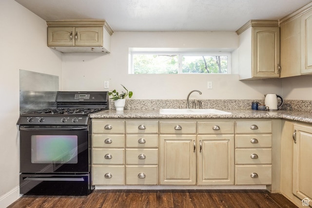 190 N 200 E, Pleasant Grove, UT 84062 - kitchen with black gas range, light brown cabinets, dark wood-type flooring, light stone counters, and extractor fan