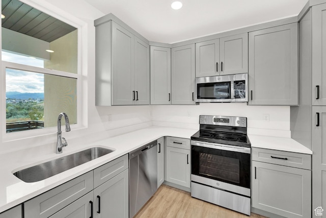 736 W Blue Magic Ln S Unit R201, Midvale, UT 84047 - kitchen featuring appliances with stainless steel finishes, gray cabinetry, light countertops, light wood finished floors, and recessed lighting