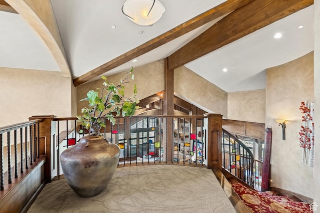 7881 N W Hills Trl, Park City, UT 84098 - hall featuring recessed lighting, beam ceiling, an upstairs landing, and carpet flooring