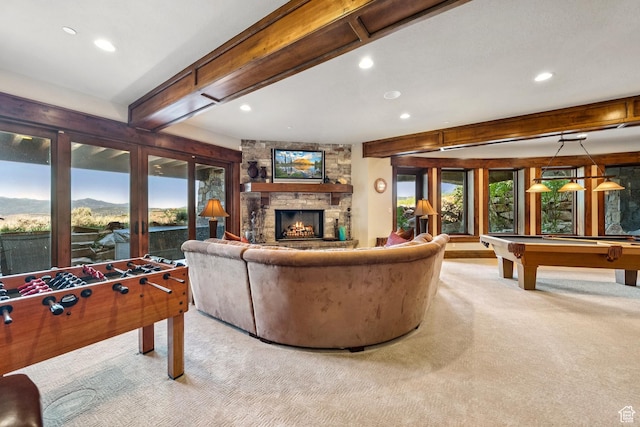 7881 N W Hills Trl, Park City, UT 84098 - rec room featuring beamed ceiling, carpet flooring, a stone fireplace, recessed lighting, and billiards table