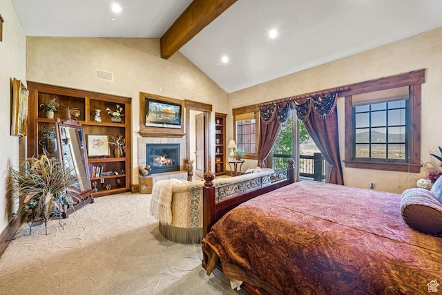 7881 N W Hills Trl, Park City, UT 84098 - bedroom with beam ceiling, access to outside, carpet floors, a tile fireplace, and recessed lighting
