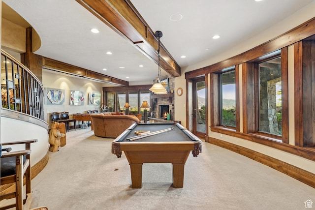 7881 N W Hills Trl, Park City, UT 84098 - playroom with carpet floors, recessed lighting, billiards table, and a large fireplace
