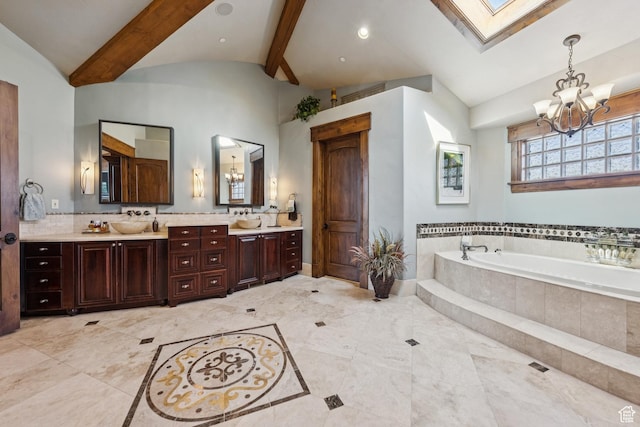 7881 N W Hills Trl, Park City, UT 84098 - full bathroom with a skylight, a chandelier, double vanity, and a bath