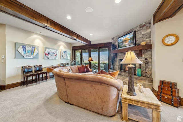 7881 N W Hills Trl, Park City, UT 84098 - carpeted living room with recessed lighting, a fireplace, and beam ceiling