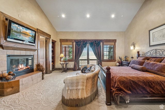 7881 N W Hills Trl, Park City, UT 84098 - bedroom with high vaulted ceiling, access to outside, a fireplace, and recessed lighting