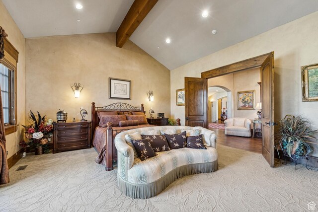 7881 N W Hills Trl, Park City, UT 84098 - carpeted bedroom with arched walkways, beam ceiling, recessed lighting, and high vaulted ceiling