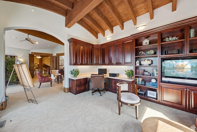 7881 N W Hills Trl, Park City, UT 84098 - office space featuring built in desk, arched walkways, light carpet, ceiling fan, and wood ceiling