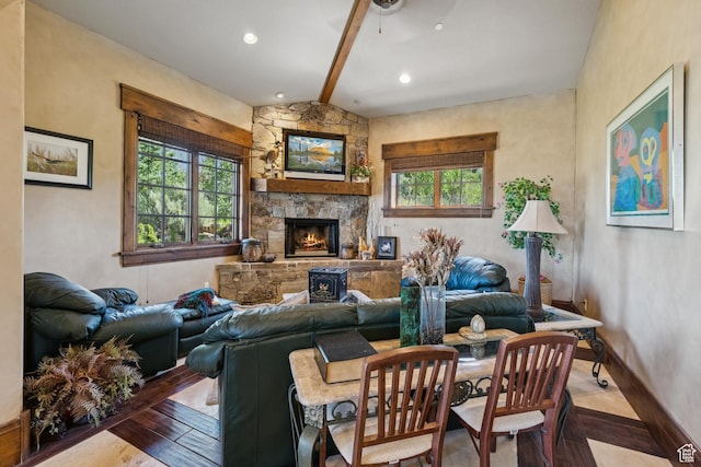 7881 N W Hills Trl, Park City, UT 84098 - living room featuring a fireplace, wood finished floors, and recessed lighting