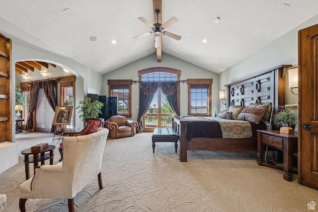7881 N W Hills Trl, Park City, UT 84098 - bedroom featuring light carpet, access to exterior, arched walkways, a ceiling fan, and recessed lighting