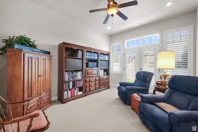 10693 S Vermillion Dr, South Jordan, UT 84009 - living area with light carpet, a ceiling fan, and recessed lighting