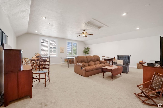 10693 S Vermillion Dr, South Jordan, UT 84009 - living room featuring light carpet, recessed lighting, lofted ceiling, and attic access