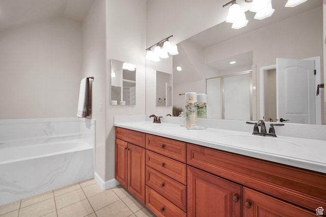 10693 S Vermillion Dr, South Jordan, UT 84009 - full bath with a garden tub, tile patterned flooring, double vanity, a stall shower, and vaulted ceiling