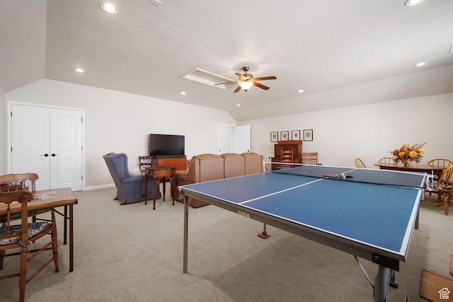 10693 S Vermillion Dr, South Jordan, UT 84009 - rec room with lofted ceiling, light carpet, recessed lighting, and a ceiling fan