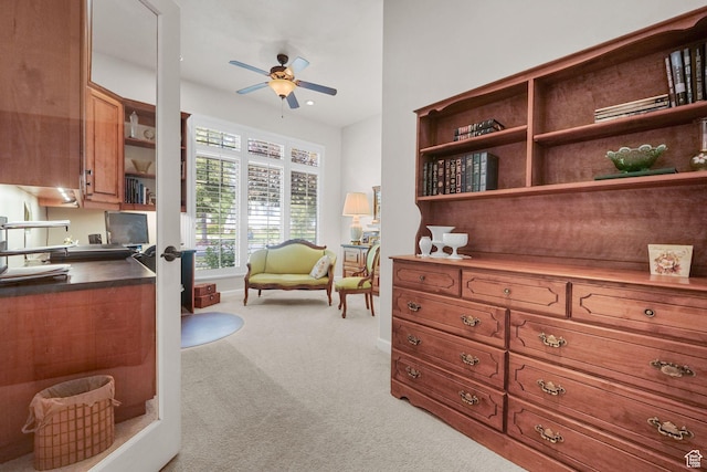 10693 S Vermillion Dr, South Jordan, UT 84009 - interior space featuring light carpet, ceiling fan, and an office area