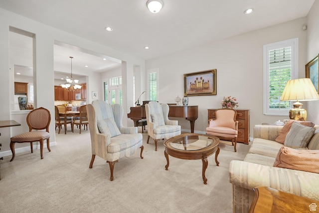 10693 S Vermillion Dr, South Jordan, UT 84009 - living area featuring recessed lighting, a chandelier, and light carpet
