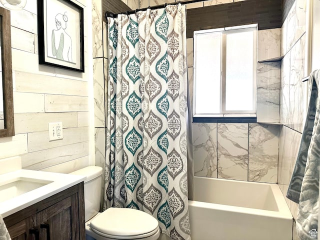 3060 S 2500 E, Vernal, UT 84078 - bathroom featuring vanity, shower / bath combination with curtain, and wooden walls