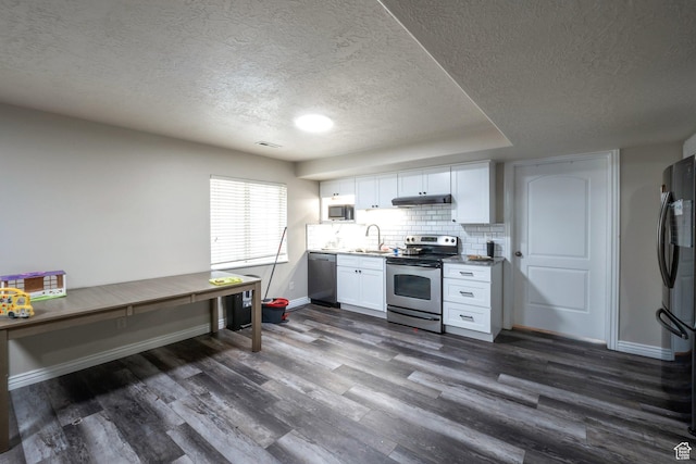 4018 W Cypress, Cedar Hills, UT 84062 - kitchen with appliances with stainless steel finishes, a textured ceiling, dark wood-style flooring, under cabinet range hood, and white cabinetry