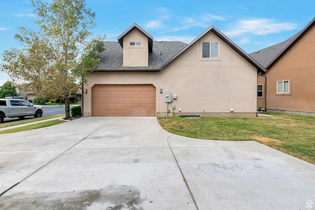4018 W Cypress, Cedar Hills, UT 84062 - view of front facade featuring roof with shingles, concrete driveway, a front yard, stucco siding, and a garage