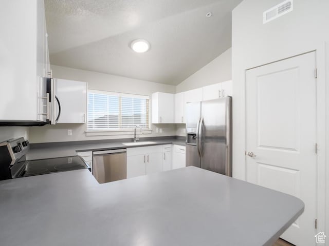 1141 E 1320 S Unit A401, Provo, UT 84606 - kitchen with appliances with stainless steel finishes, lofted ceiling, a peninsula, white cabinets, and a textured ceiling