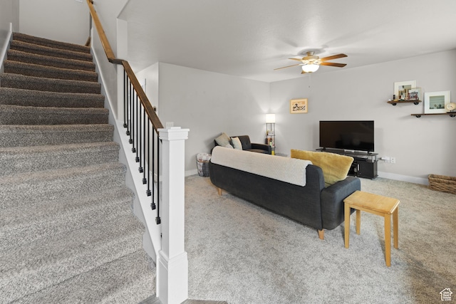 2501 W 1100 N, Provo, UT 84604 - carpeted living room with a ceiling fan and stairway