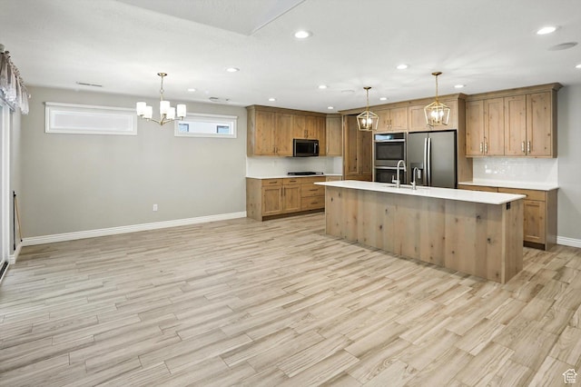 1470 N Cobblewood Ct, Kaysville, UT 84037 - kitchen featuring stainless steel appliances, light wood-type flooring, light countertops, recessed lighting, and brown cabinets