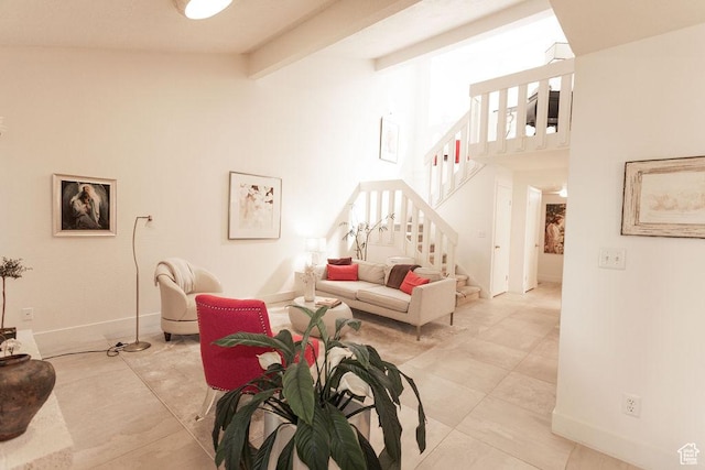 48 N White Barn Dr W, Pleasant View, UT 84414 - living area featuring stairway, a towering ceiling, and beam ceiling