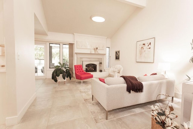 48 N White Barn Dr W, Pleasant View, UT 84414 - living room featuring a fireplace with raised hearth, high vaulted ceiling, and light tile patterned floors