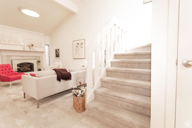 48 N White Barn Dr W, Pleasant View, UT 84414 - staircase with beam ceiling, tile patterned floors, a high end fireplace, and high vaulted ceiling