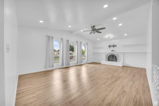 5350 S 3450 W, Roy, UT 84067 - unfurnished living room with lofted ceiling, ceiling fan, light wood-type flooring, a fireplace, and recessed lighting