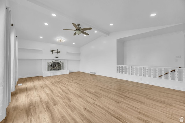 5350 S 3450 W, Roy, UT 84067 - unfurnished living room with a ceiling fan, light wood finished floors, recessed lighting, and a fireplace