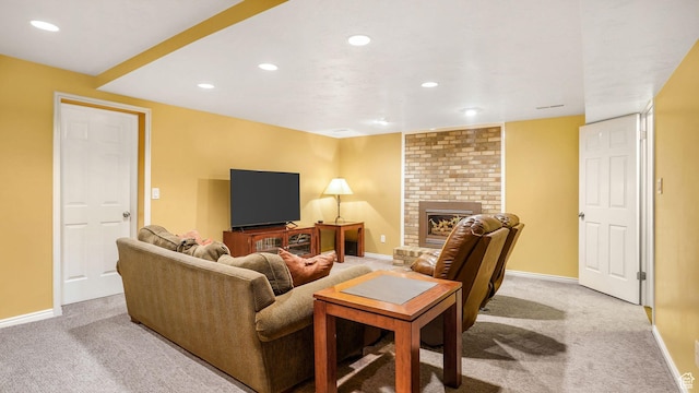 1138 Briggs Dr, Bountiful, UT 84010 - living room featuring light colored carpet, recessed lighting, and a brick fireplace