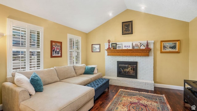 1138 Briggs Dr, Bountiful, UT 84010 - living room with lofted ceiling, dark wood-style floors, and a brick fireplace
