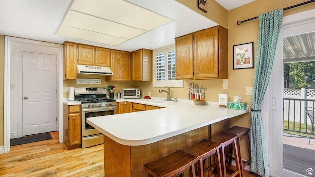 1138 Briggs Dr, Bountiful, UT 84010 - kitchen with gas range, range hood, light wood-style floors, light countertops, and brown cabinetry