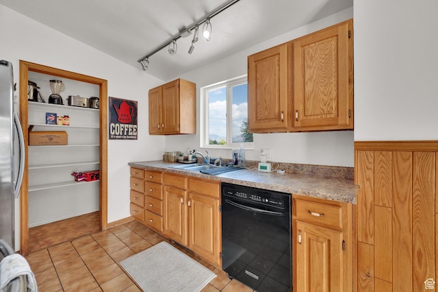 1481 W Bluemont Dr, Murray, UT 84123 - kitchen with dishwasher, freestanding refrigerator, light tile patterned floors, and rail lighting