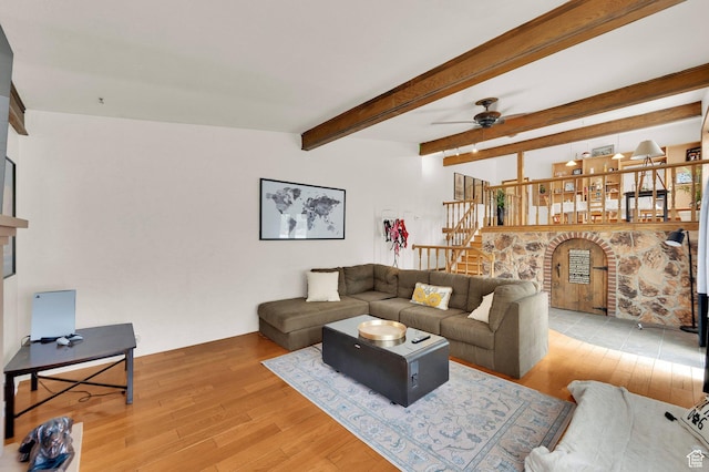 1481 W Bluemont Dr, Murray, UT 84123 - living area featuring hardwood / wood-style flooring, ceiling fan, and beam ceiling