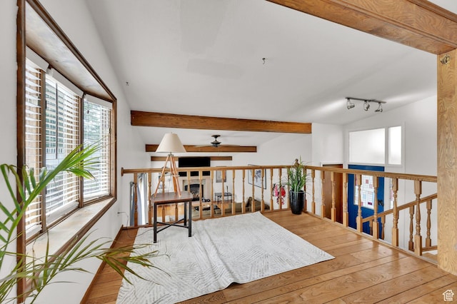 1481 W Bluemont Dr, Murray, UT 84123 - living area with ceiling fan, hardwood / wood-style flooring, beam ceiling, and an upstairs landing