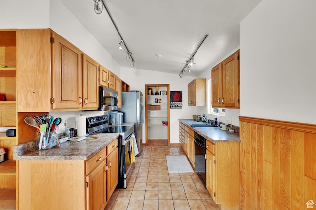 1481 W Bluemont Dr, Murray, UT 84123 - kitchen featuring appliances with stainless steel finishes, open shelves, track lighting, and light tile patterned floors