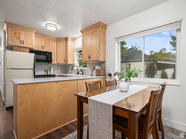 155 S 300 W, Spanish Fork, UT 84660 - kitchen featuring black appliances, a peninsula, tasteful backsplash, light countertops, and dark wood-type flooring