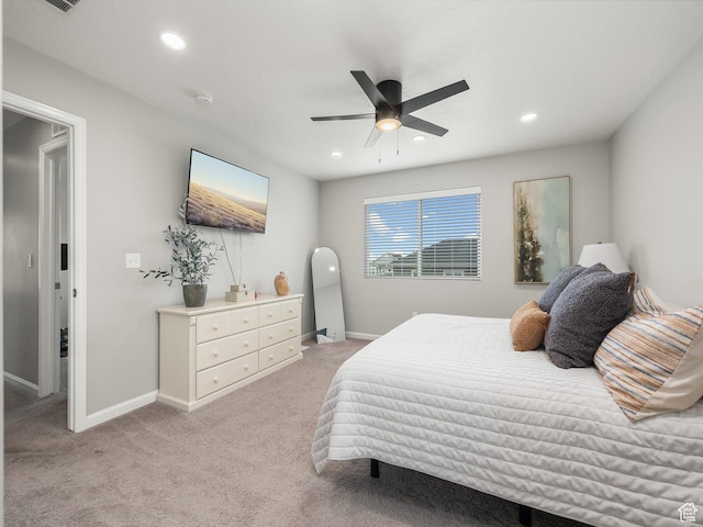 1493 N Sunset Dr, Spanish Fork, UT 84660 - bedroom featuring light colored carpet, a ceiling fan, and recessed lighting