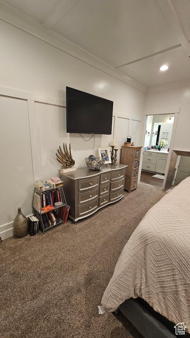 1268 E 300 S, Smithfield, UT 84335 - carpeted bedroom with a decorative wall, crown molding, ensuite bathroom, and recessed lighting