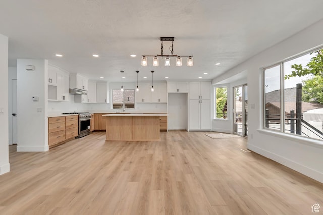 13749 S Crimson Patch Way, Riverton, UT 84096 - kitchen with high end stove, plenty of natural light, light wood-style floors, light countertops, and recessed lighting