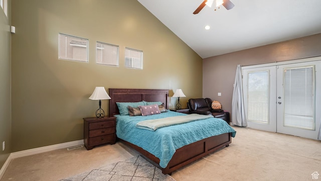 13994 S Stone Dr E, Draper, UT 84020 - bedroom featuring access to outside, light colored carpet, french doors, ceiling fan, and recessed lighting