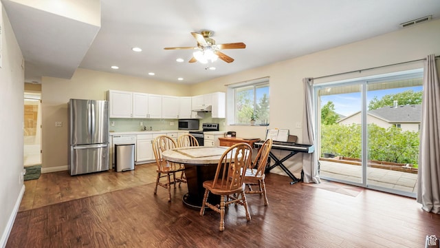 13994 S Stone Dr E, Draper, UT 84020 - dining area featuring a ceiling fan, dark wood finished floors, and recessed lighting