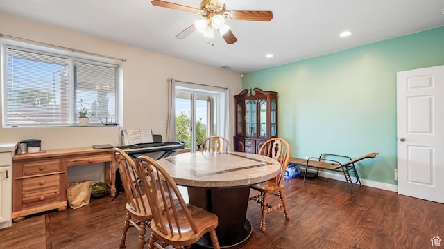 13994 S Stone Dr E, Draper, UT 84020 - dining area with dark wood-style flooring, ceiling fan, and recessed lighting