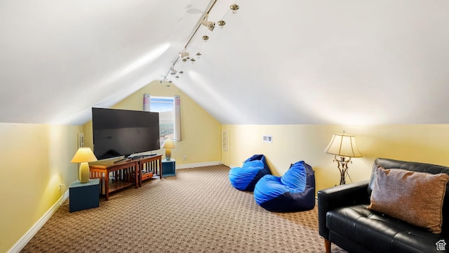 13994 S Stone Dr E, Draper, UT 84020 - living area featuring track lighting, carpet floors, and lofted ceiling