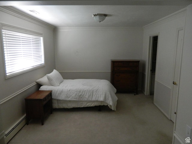 4222 S Edward Dr, Holladay, UT 84124 - bedroom featuring baseboard heating, light colored carpet, and crown molding
