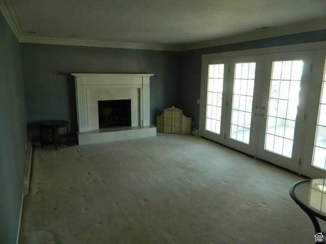 4222 S Edward Dr, Holladay, UT 84124 - unfurnished living room with french doors, light colored carpet, a high end fireplace, and ornamental molding