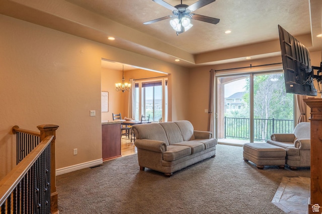 1959 W Golden Pond Way S, Orem, UT 84059 - carpeted living room with recessed lighting, a chandelier, healthy amount of natural light, and a ceiling fan