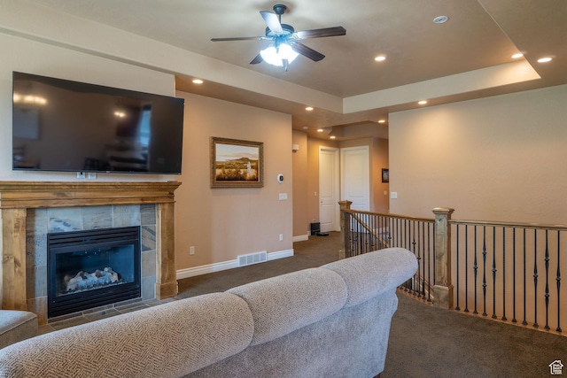 1959 W Golden Pond Way S, Orem, UT 84059 - carpeted living room featuring ceiling fan, recessed lighting, and a tiled fireplace