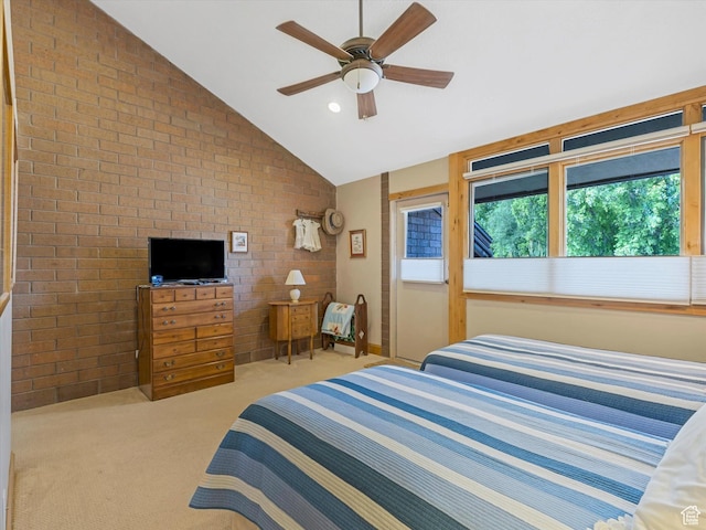 1679 Captain Molly Dr, Park City, UT 84060 - bedroom with lofted ceiling, carpet, brick wall, and a ceiling fan